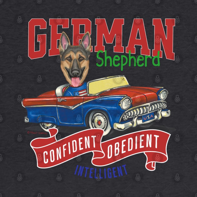 Humor funny and cute German Shepherd dog driving a classic vintage car with red white and blue flags with dog's personality by Danny Gordon Art